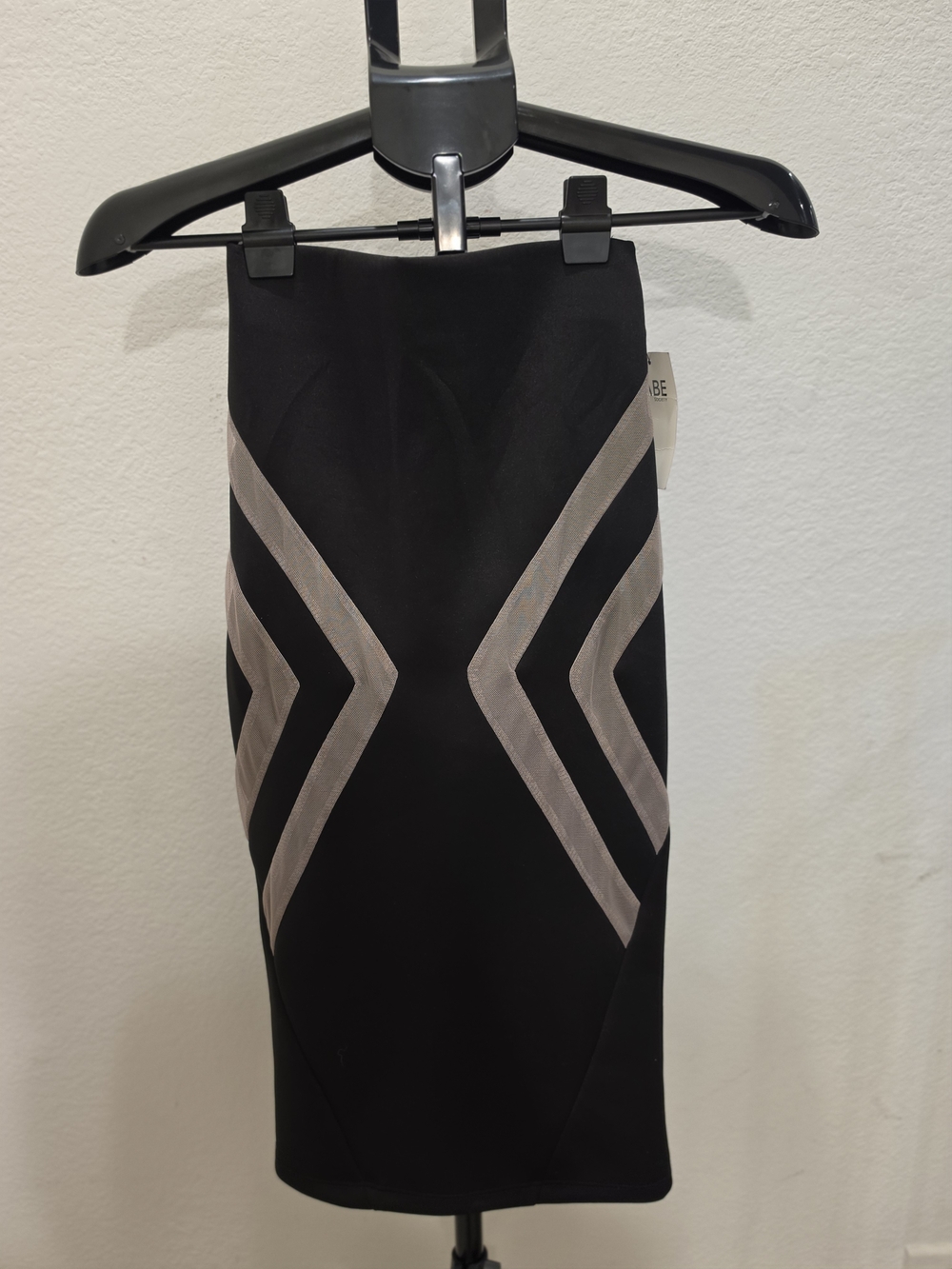 Bardot Black Pencil Skirt with Cream Sheer Geometric Panels